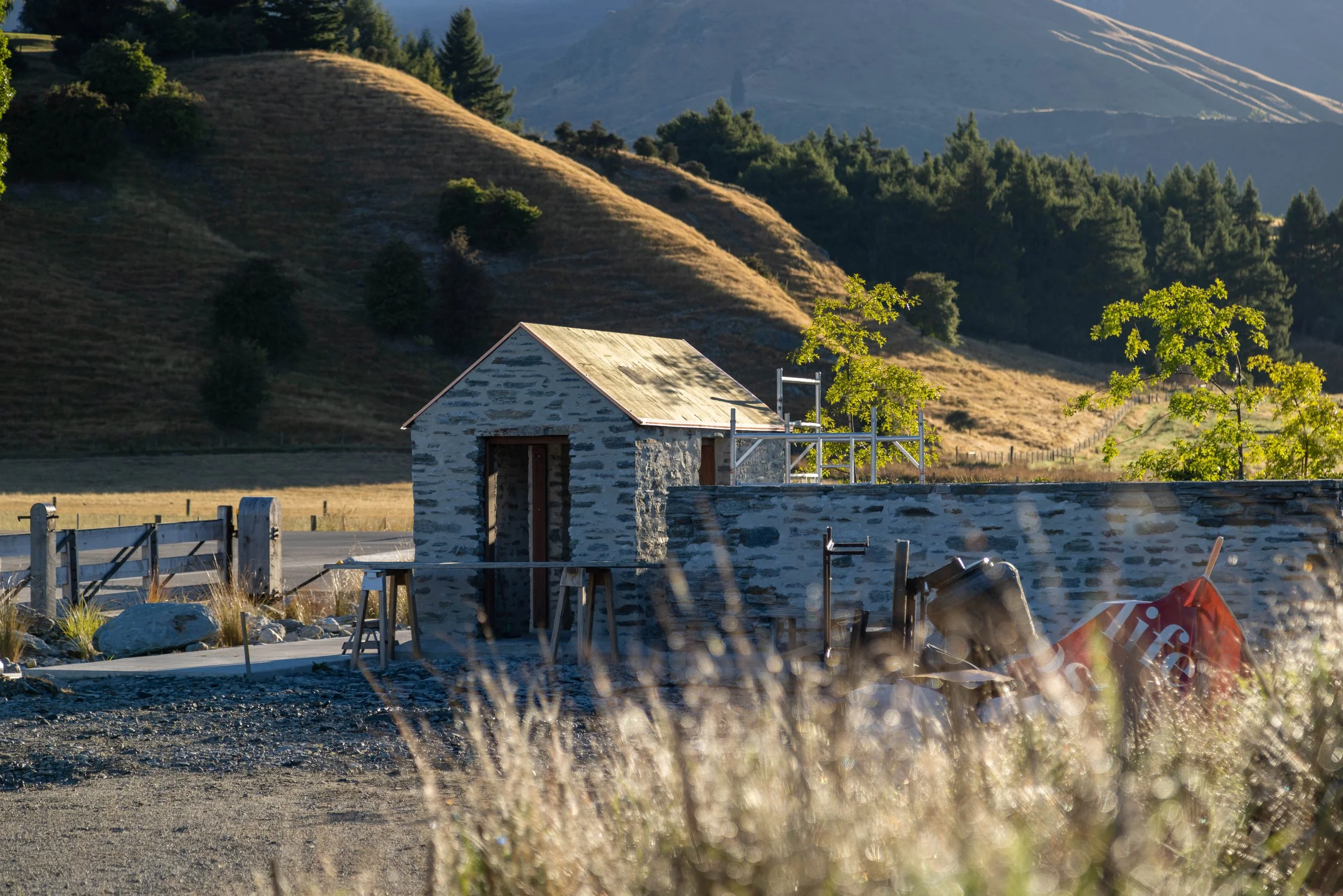 The Gatehouse at  the entrance to Ayrburn Arrowtown built by Diemarco Builders Queenstown.