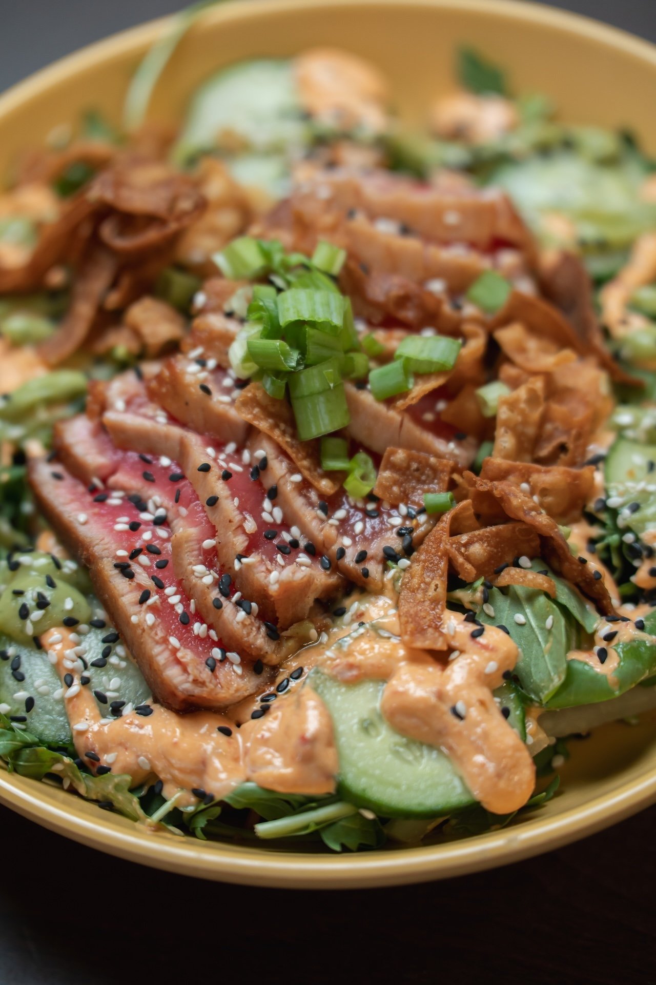 Close-up of apoke bowl with raw tuna, sliced avocado, chopped green onions, shredded carrots, cucumber slices, shredded chicken, sesame seeds, and a creamy sauce, in a yellow bowl. Food Photographer in Kalispell, Montana in the Flathead Valley