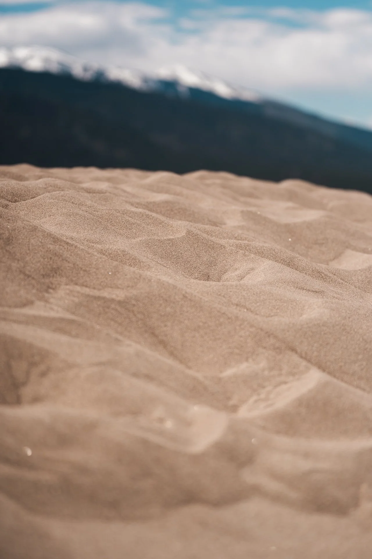 Close-up of sand dunes with mountains and snow in the background under a partly cloudy sky.