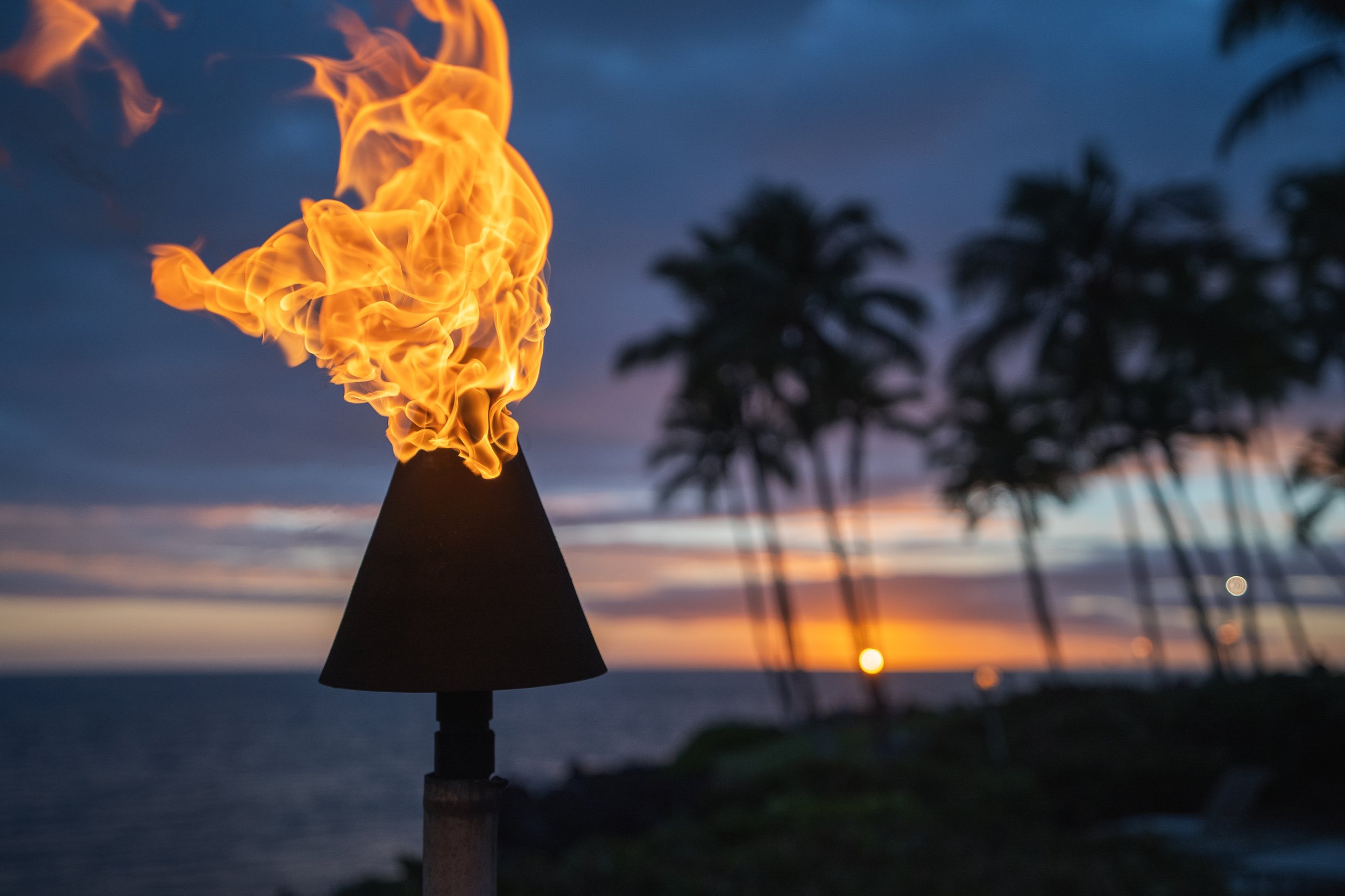 A tiki torch with fire burning outdoors during sunset, with silhouetted palm trees in the background.
