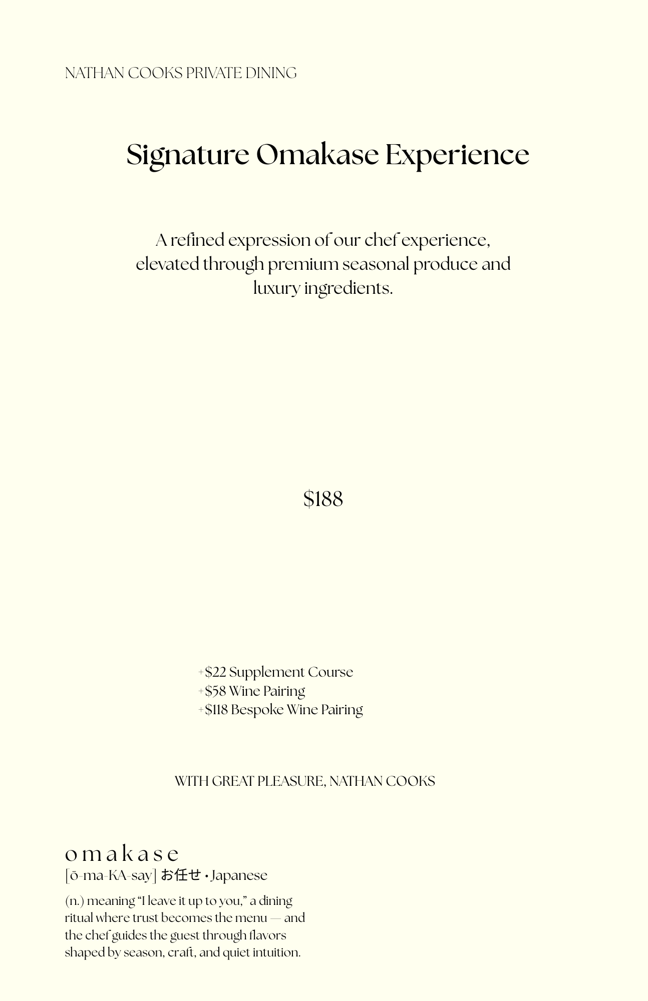 Nathan Cooks Private Dining Chef Signature Omakase Experience Menu