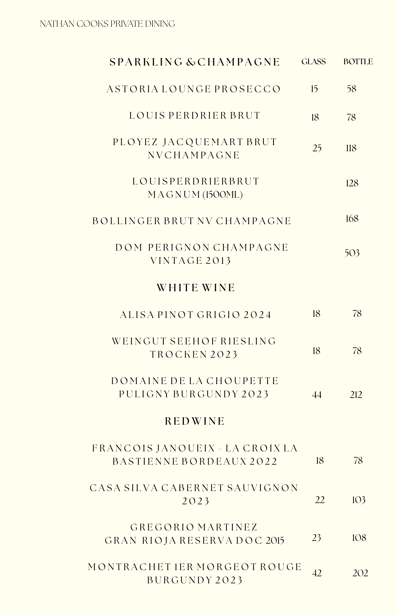 Nathan Cooks Private Dining Supper & Bar Menu Crafted WIne list