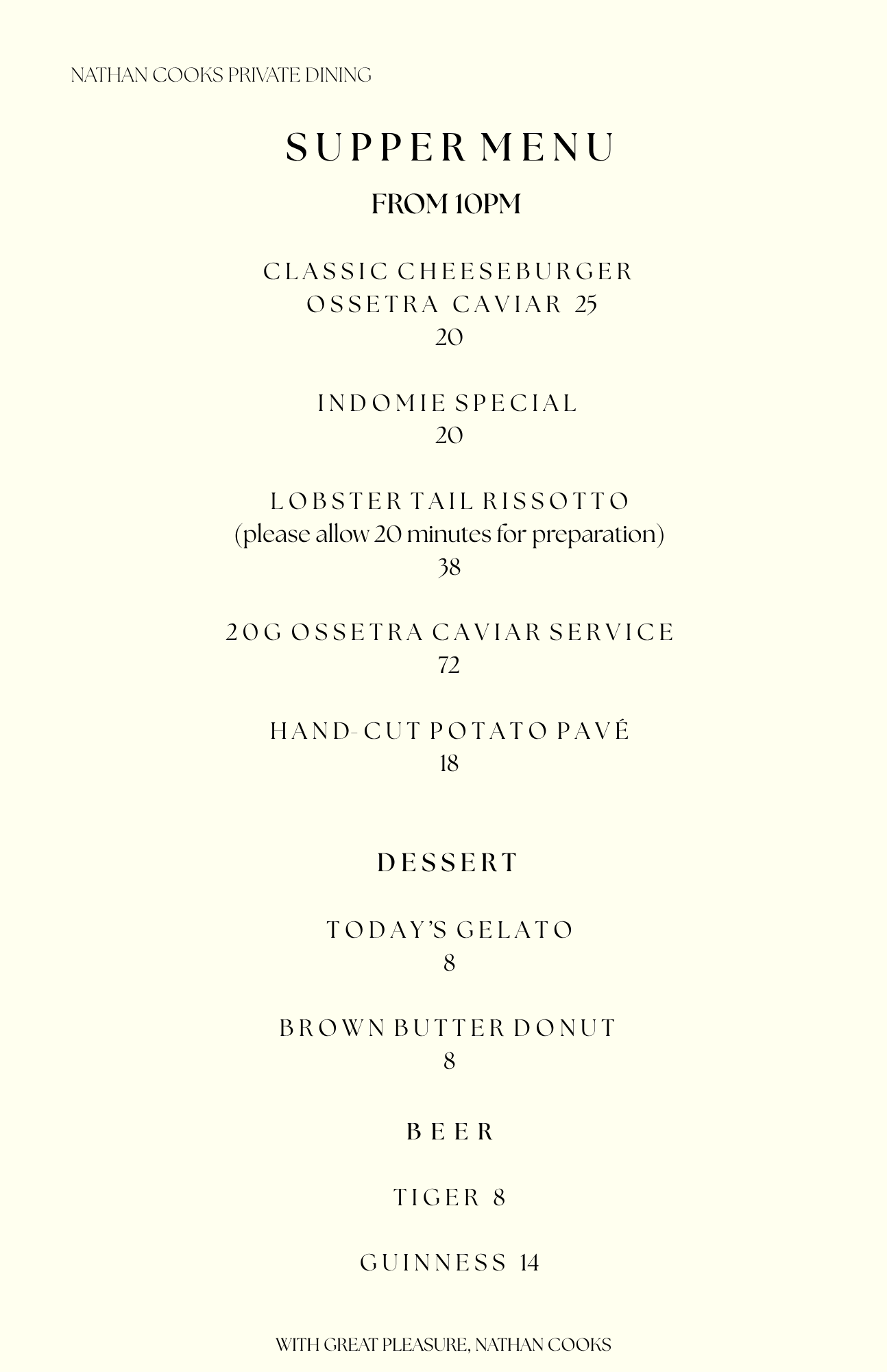 Nathan Cooks Private Dining Supper & Bar Menu