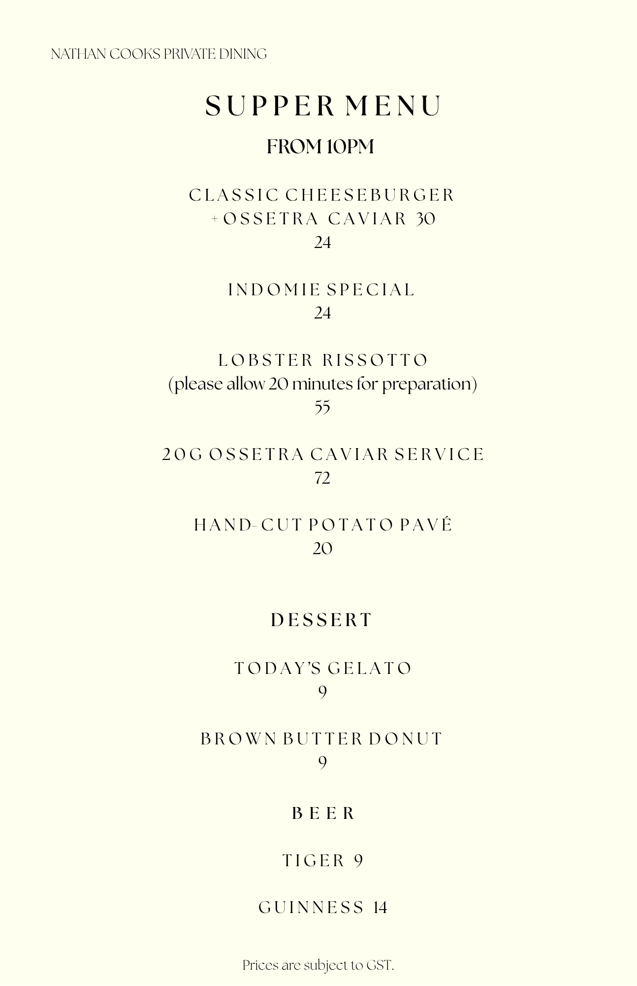 Nathan Cooks Private Dining supper menu with dishes and prices listed, including cheeseburger, Ossetra caviar, lobster risotto, potato pavé, gelato, and desserts, with prices in dollars.