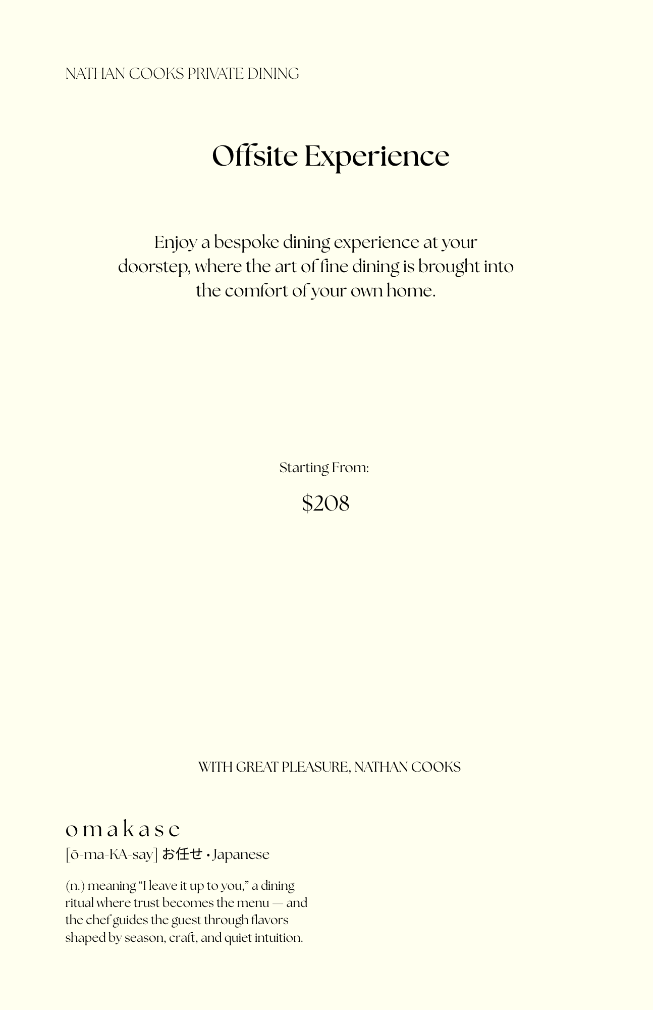 Menu for Nathan Cooks Private Dining promoting an offsite experience with starting prices at $208, featuring Japanese cuisine called omakase.
