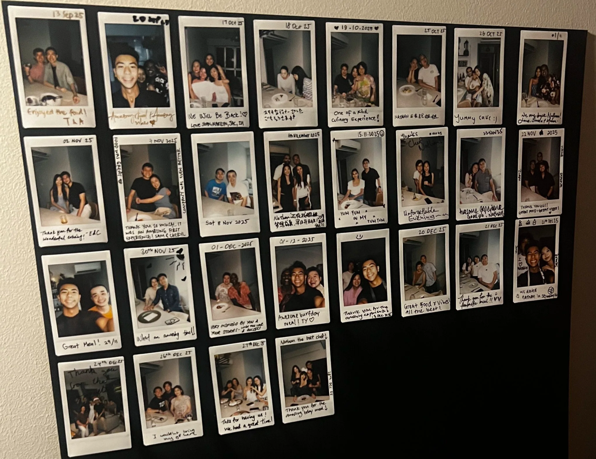 A collection of printed photos arranged on a black board, each with handwritten captions and dates, capturing various moments of people gathered at events and dinners.