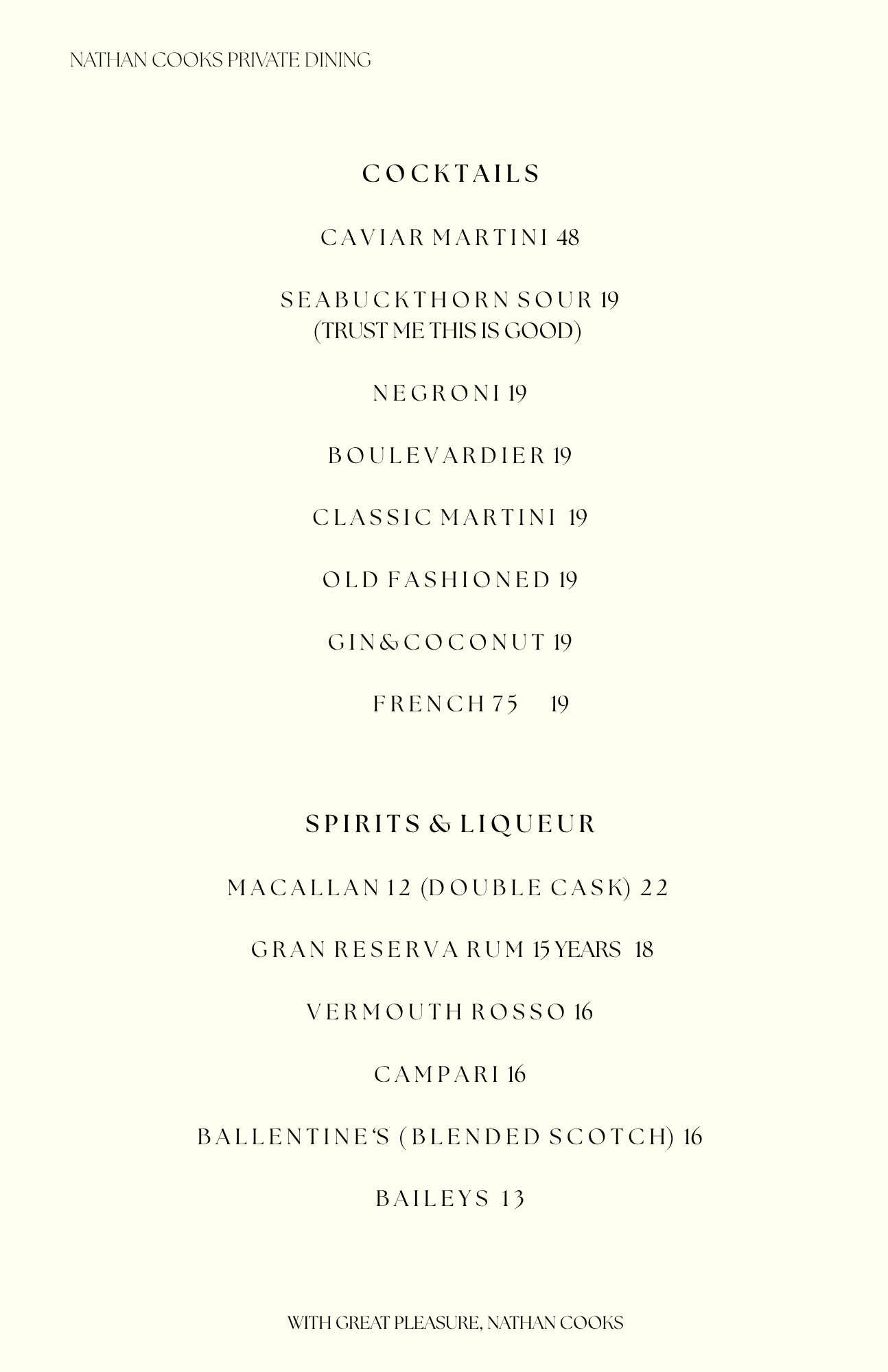 Nathan Cooks Private Dining Supper & Bar Menu Crafted Cocktails