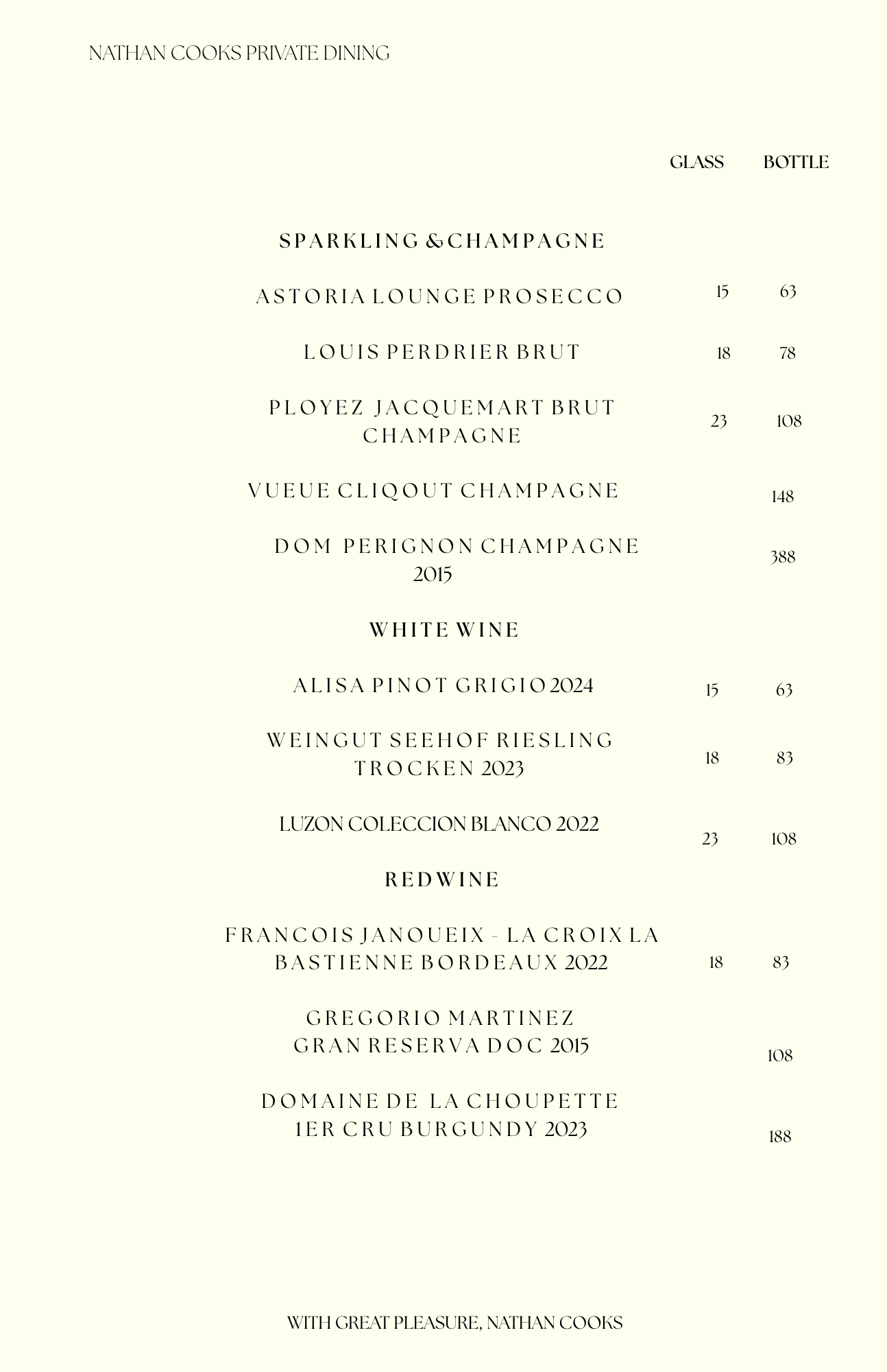 Wine and champagne menu with prices in a simple, elegant style