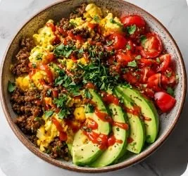 BEEF &amp; EGGS BREAKFAST BOWL - CALORIES:485 / P:45g F:29g C:11g