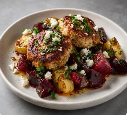 CHICKEN PATTIES WITH ROASTED VEGGIES - CALORIES:483 / P:39g F:20g C:46g