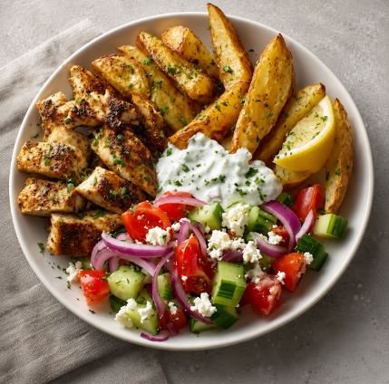 CAJUN CHICKEN, GREEK SALAD &amp; POTATOES - CALORIES:524 / P:50g F:10g C:61g