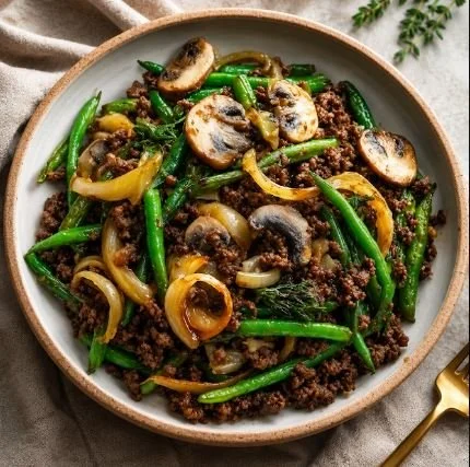 BEEF, MUSHROOMS &amp; GREEN BEAN STIRFRY- CALORIES:413 / P:48g F:16g C:23g