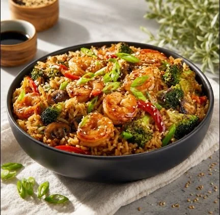 PRAWN &amp; VEGGIE STIRFRY BOWL - CALORIES:432 / P:38.7g F:15.9g C34g