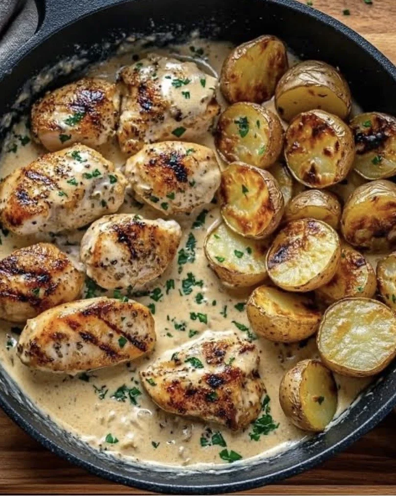 CREAMY CHICKEN WITH CRISPY POTATOES - CALORIES: 588 / P:57.9 F:15.4 C:47.9