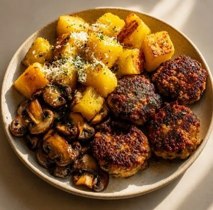 BEEF PATTIES, PARM POTATOTES &amp; MUSHROOMS - CALORIES:515 / P: 47g F:21g C:32g