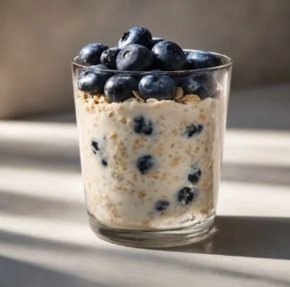 BLUEBERRY CHEESECAKE OVERNIGHT OATS - CALORIES: 453 / P:48g F:4g C:54g