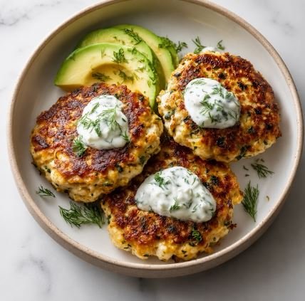 CHICKEN PATTIES WITH TZATZIKI SAUCE - CALORIES: 425 / P:46g F:19g C:17g