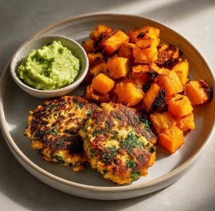 CHICKEN PATTIES WITH PUMPKIN &amp; LEMONY GUAC - CALORIES:463 / P:42.8g F:21g C:35.7g