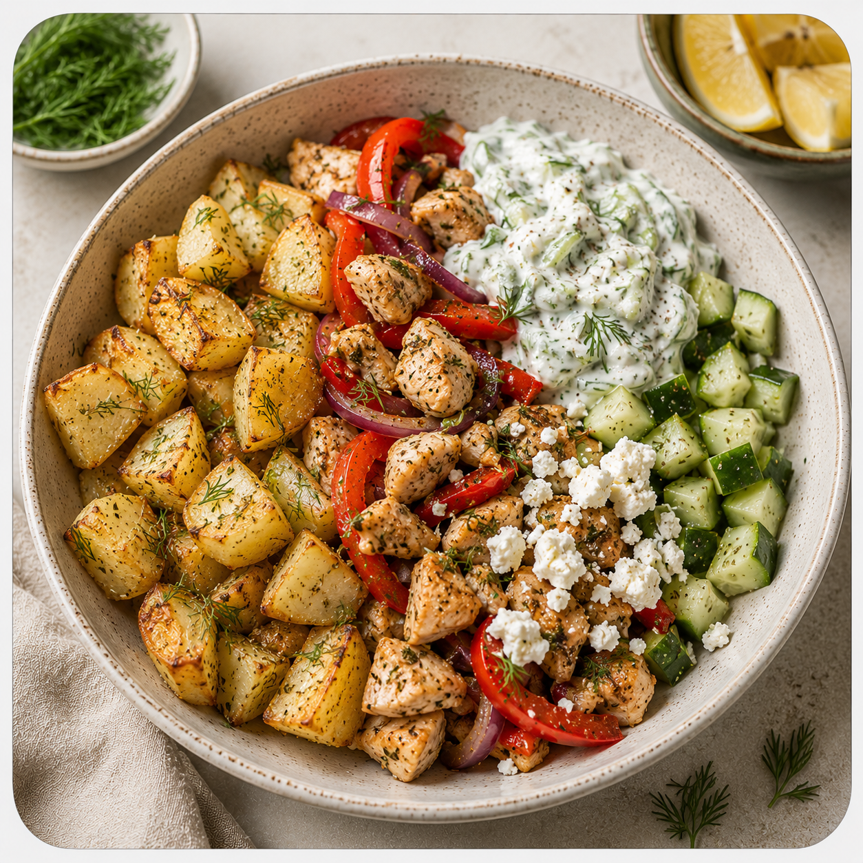 GREEK STYLE CHICKEN BOWL - CALORIES:510 / P:42.4g F:17.7g C:47.2g