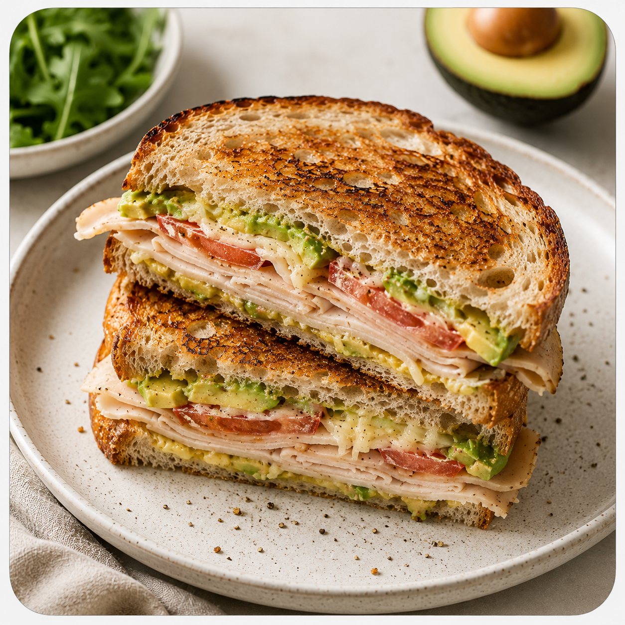TURKEY, AVOCADO &amp; CHEESE TOASTIE - CALORIES:507 / P:33.7g F:18.3g C:53.2g