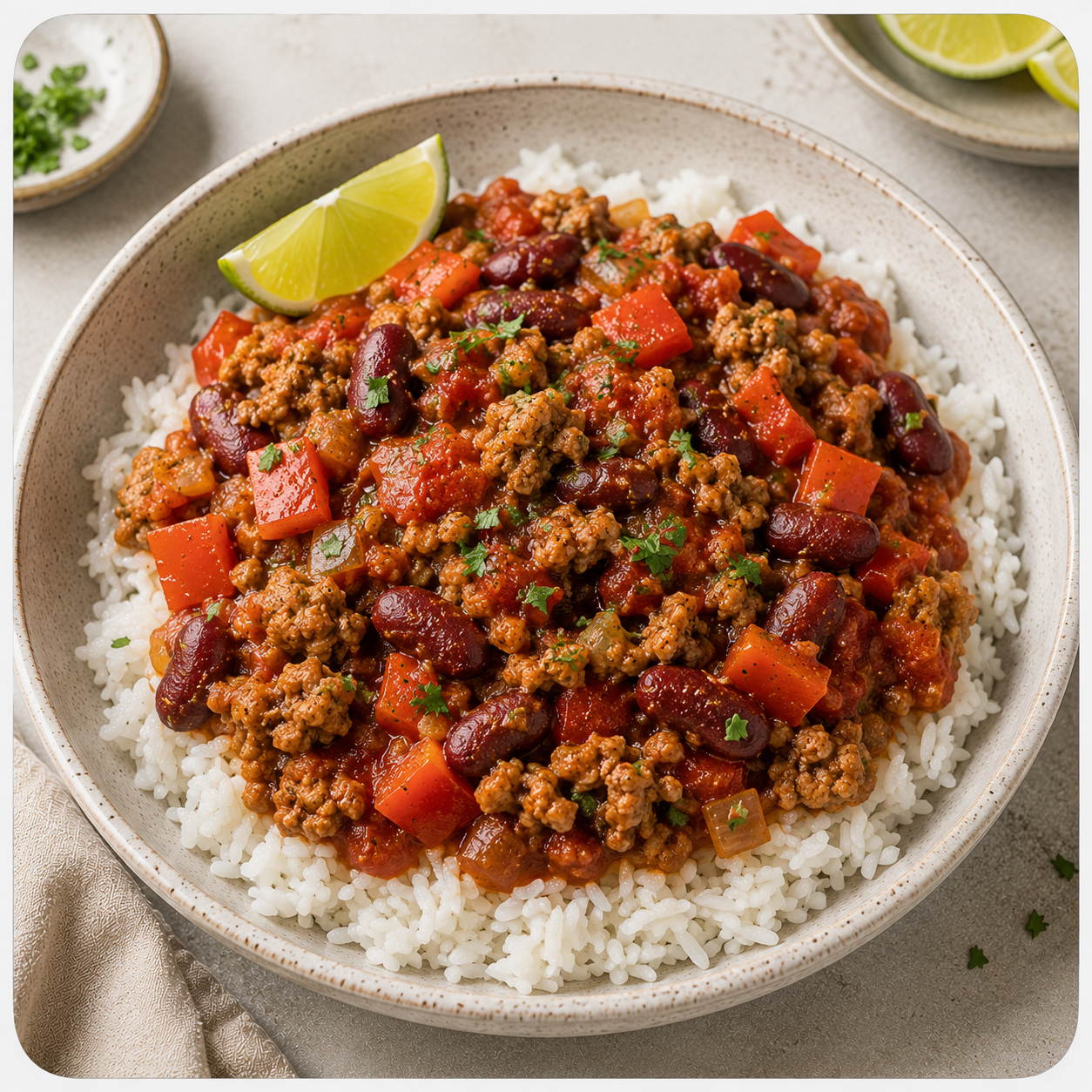 TURKEY CHILLI WITH BEANS &amp; RICE - CALORIES:588 / P:55g F:11.6g C:73.6g