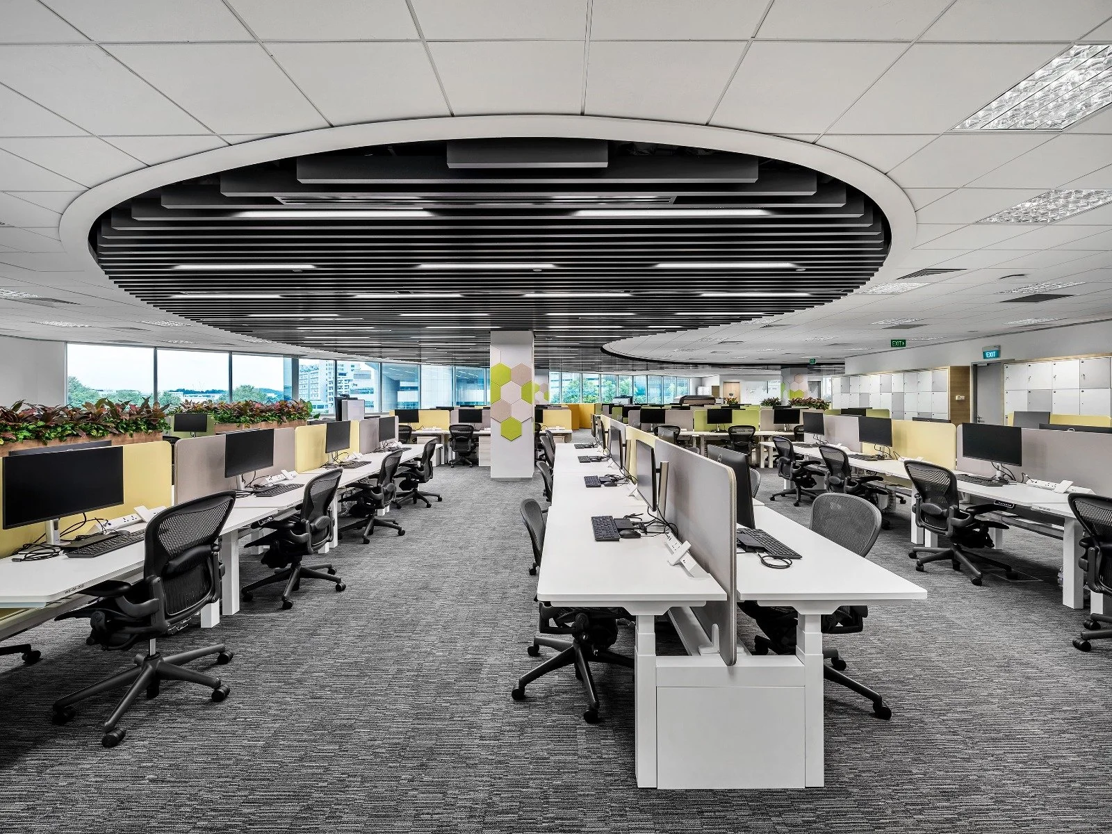 Modern open-plan office with rows of desks and computers, large windows with city view, ceiling with black structural design, and grey carpet flooring.