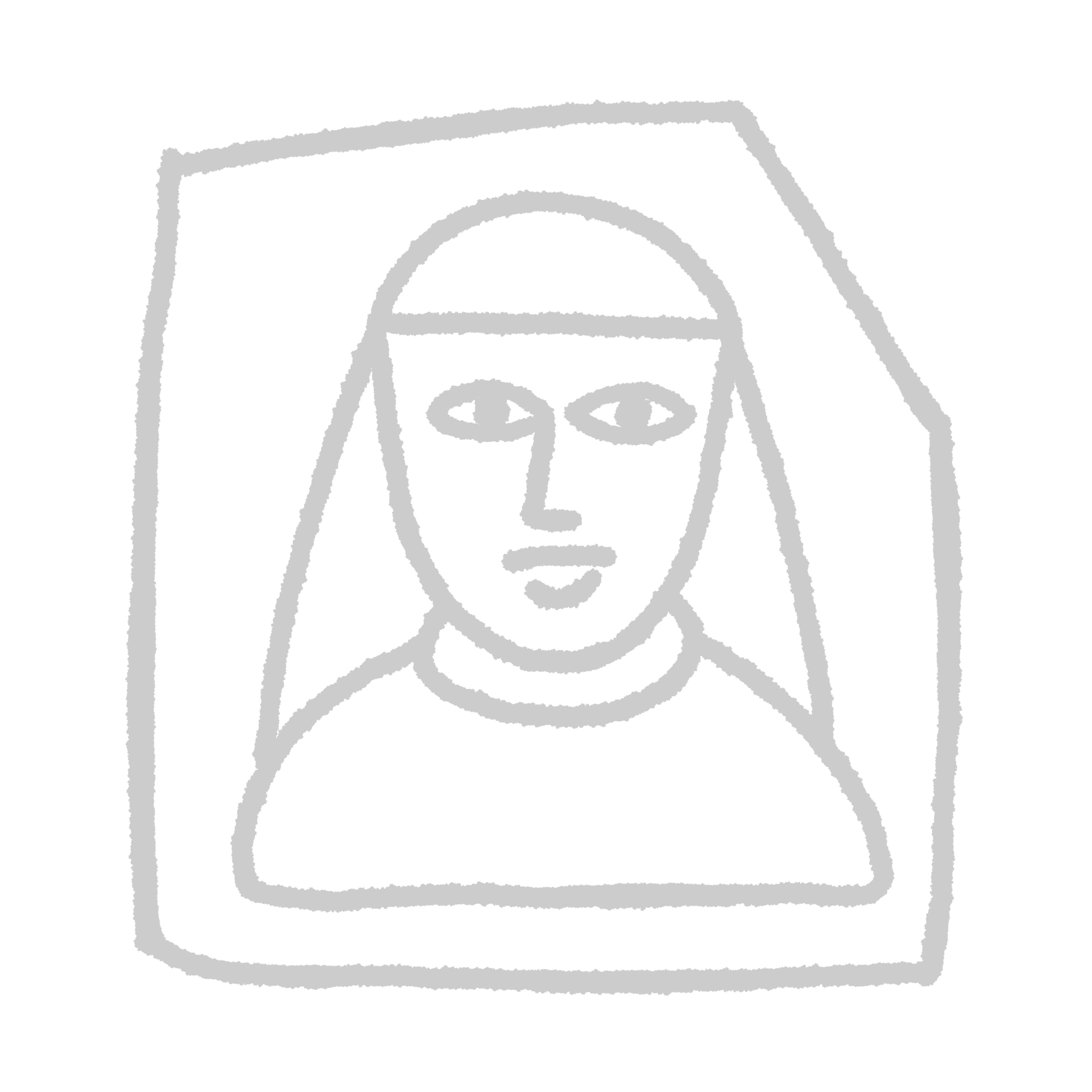Minimalist black and white line drawing of a woman with long hair wearing a sweater, inside a rectangular frame.