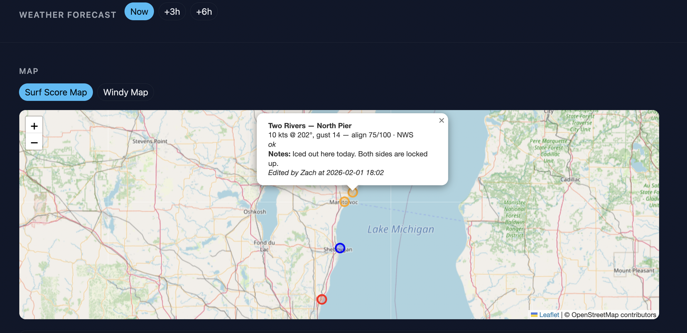 The notes and weather data apply to the spots overlayed on the Surf Score Map