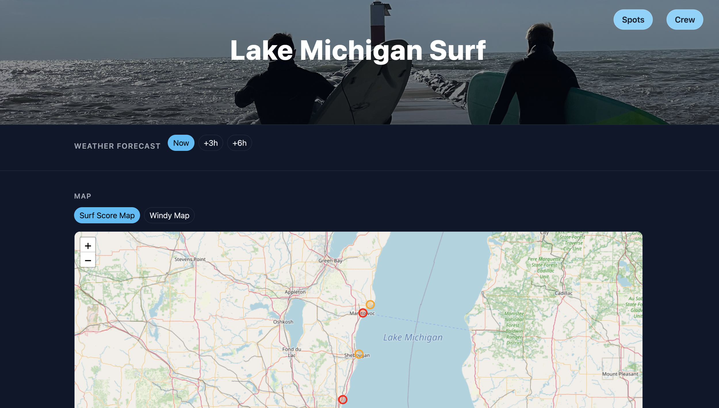 Main "Spots" Page has three weather time forecasts from the NWS and two map options
