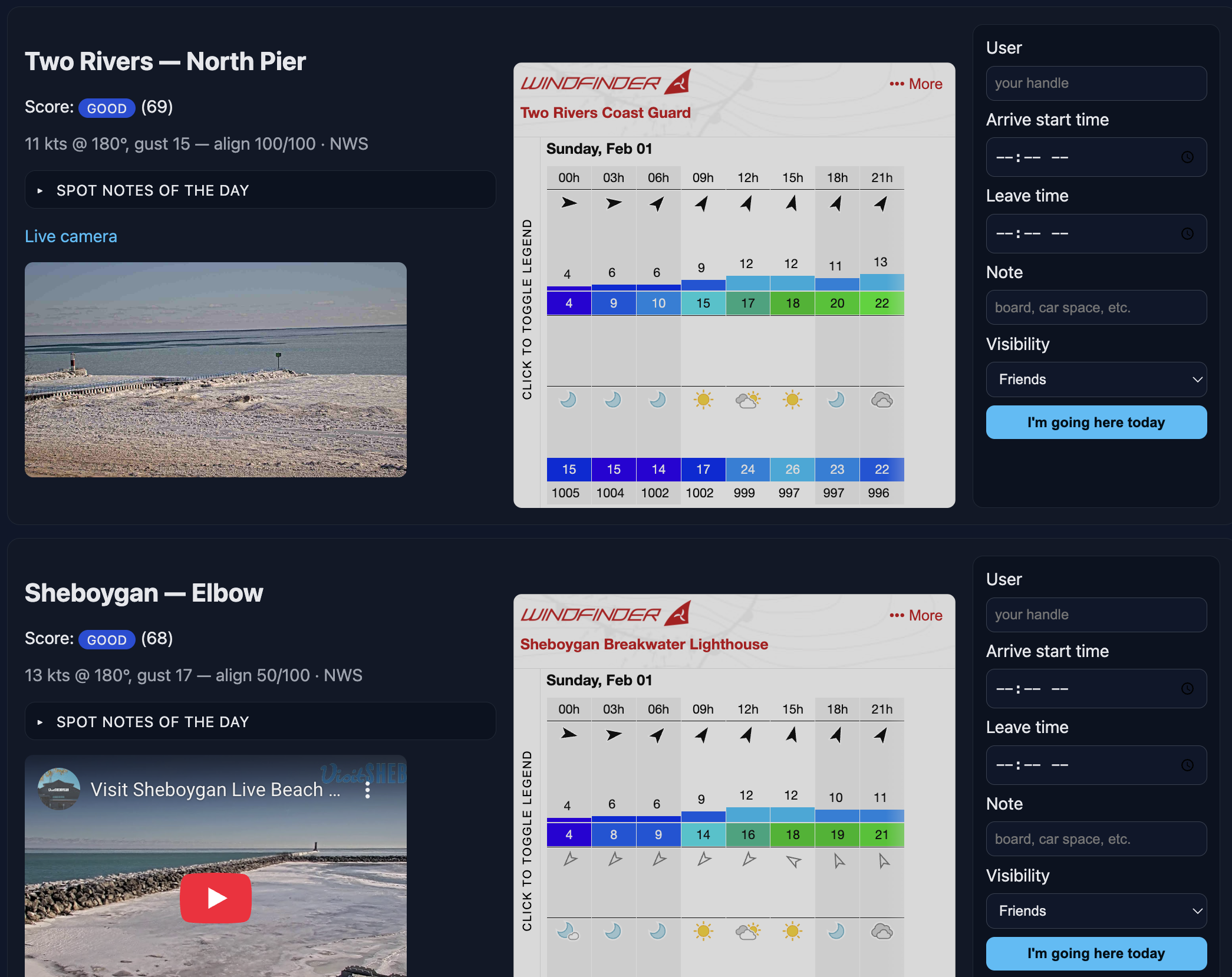 Each spot has weather, notes, windfinder data, live camera feed (if available) and a check-in form