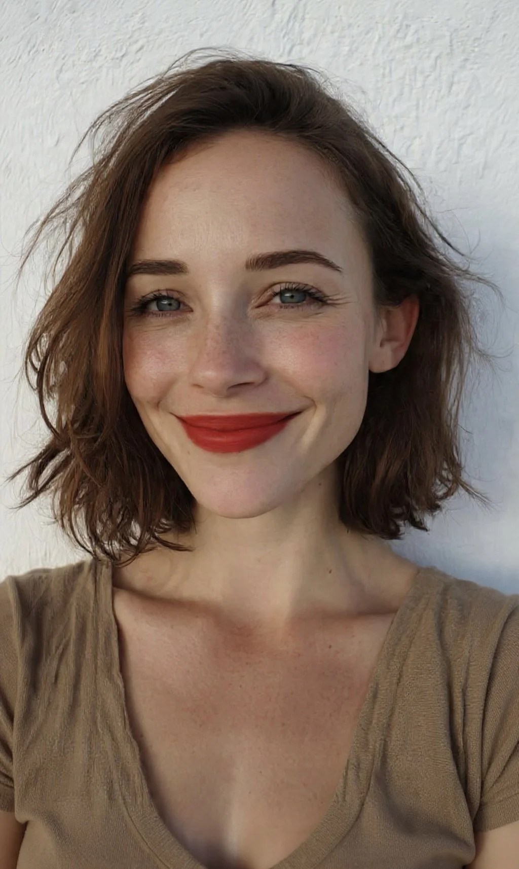 A woman with shoulder-length wavy brown hair, blue eyes, and red lipstick smiling at the camera against a white wall background.