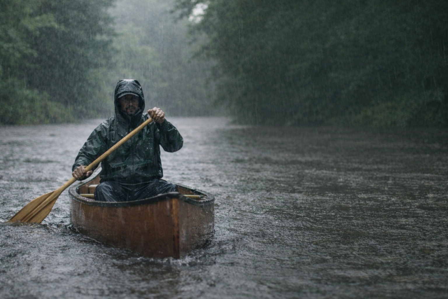 A person wearing rain gear paddling a canoe through a rain-soaked river surrounded by dense green trees.