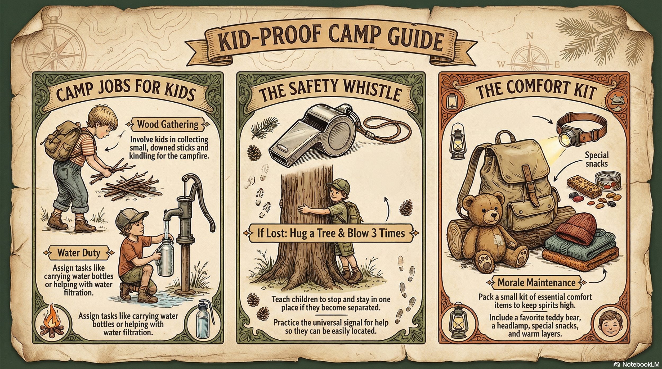 A kid-proof camp guide with three sections: camp jobs for kids, the safety whistle, and the comfort kit. The camp jobs section shows children gathering wood and filling water bottles. The safety whistle section depicts a whistle on a string attached to a backpack, with instructions for use if lost. The comfort kit section displays a backpack with a teddy bear, headlamp, snacks, warm layers, and a child's face, emphasizing morale maintenance.