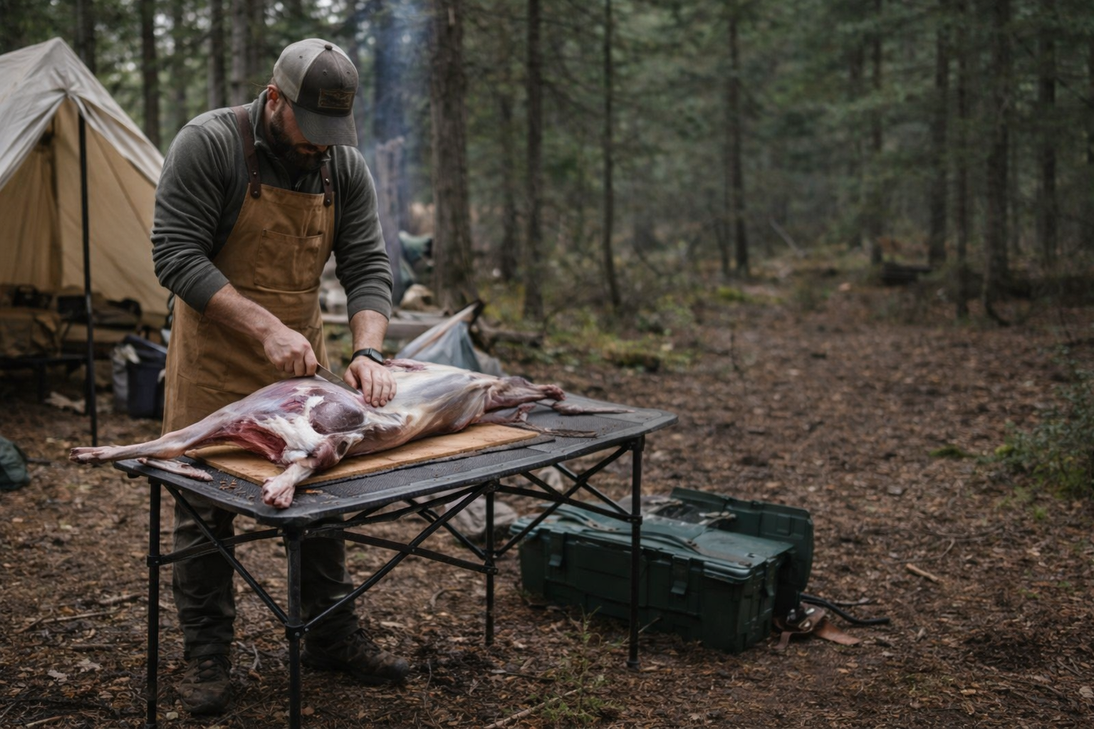A hunter processing a harvested deer on a field table, representing the Field to Freezer Masterclass on game processing and butchery.