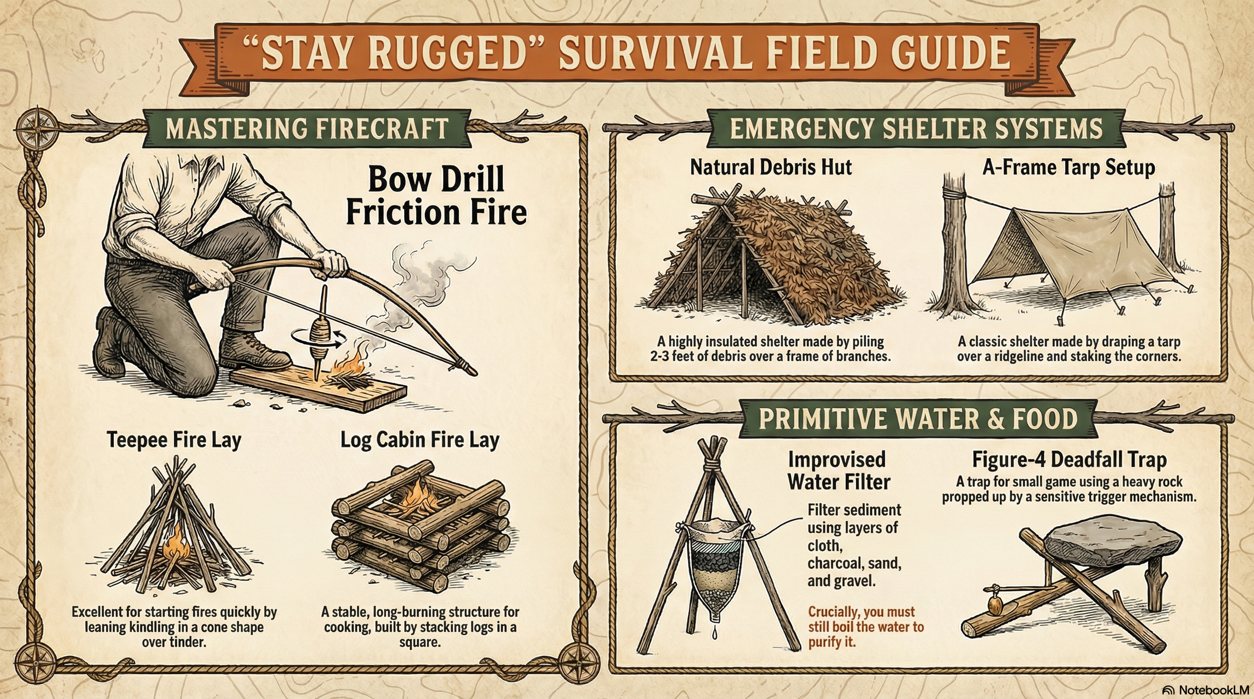 A survival instructor building a fire in front of a natural debris shelter in a deep forest, representing the "Stay Rugged" Survival Masterclass.