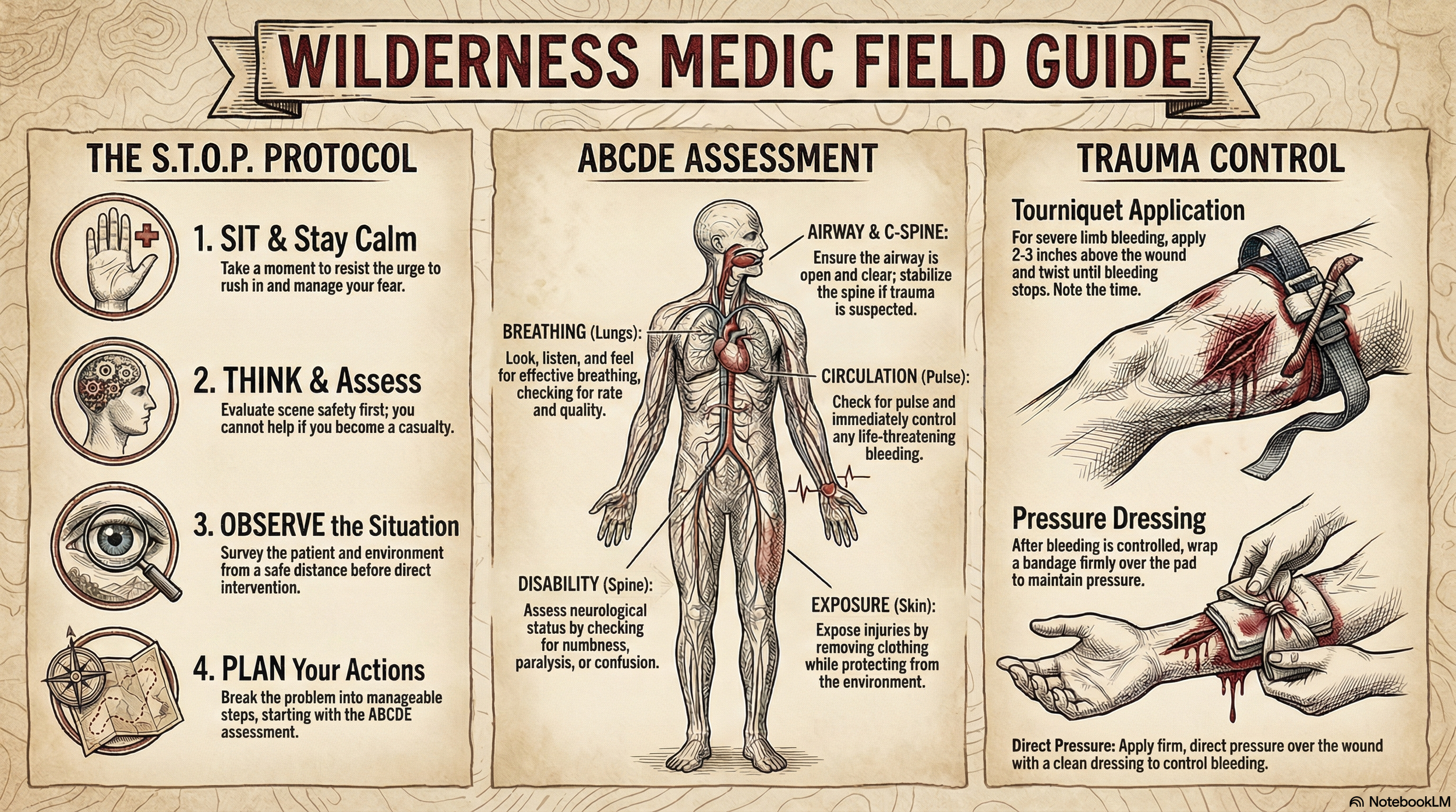 Wilderness medic field guide with protocols for scene management, ABCDE assessment, and trauma control. Contains illustrated steps for calming, scene safety, patient assessment, and wound care, including bandaging and pressure dressing.