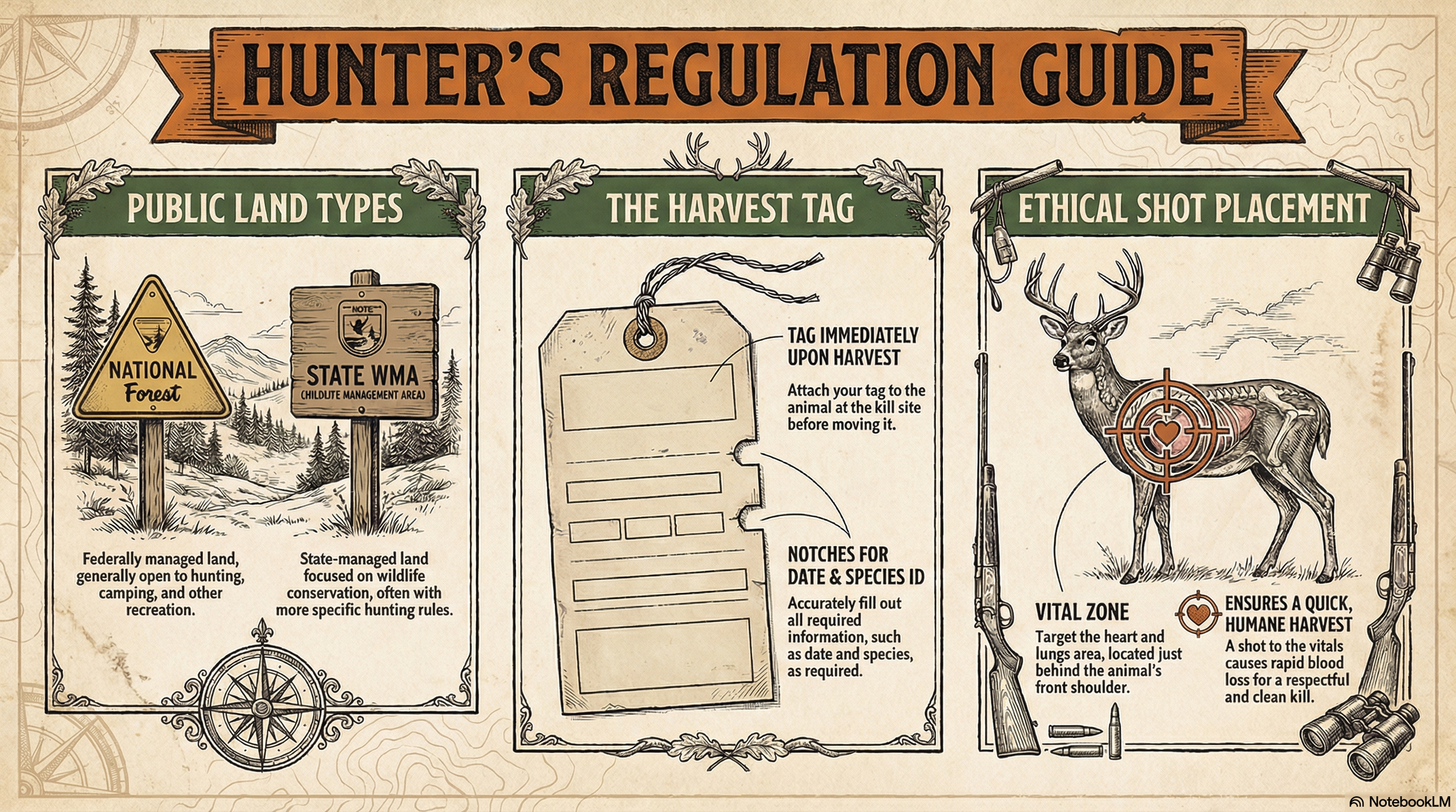 Hunter's regulation guide with three sections: public land types showing signs for National Forest and State Wilderness Management Area, harvest tag with instructions to attach and fill out details, and ethical shot placement with a picture of a deer and tips for humane harvest.