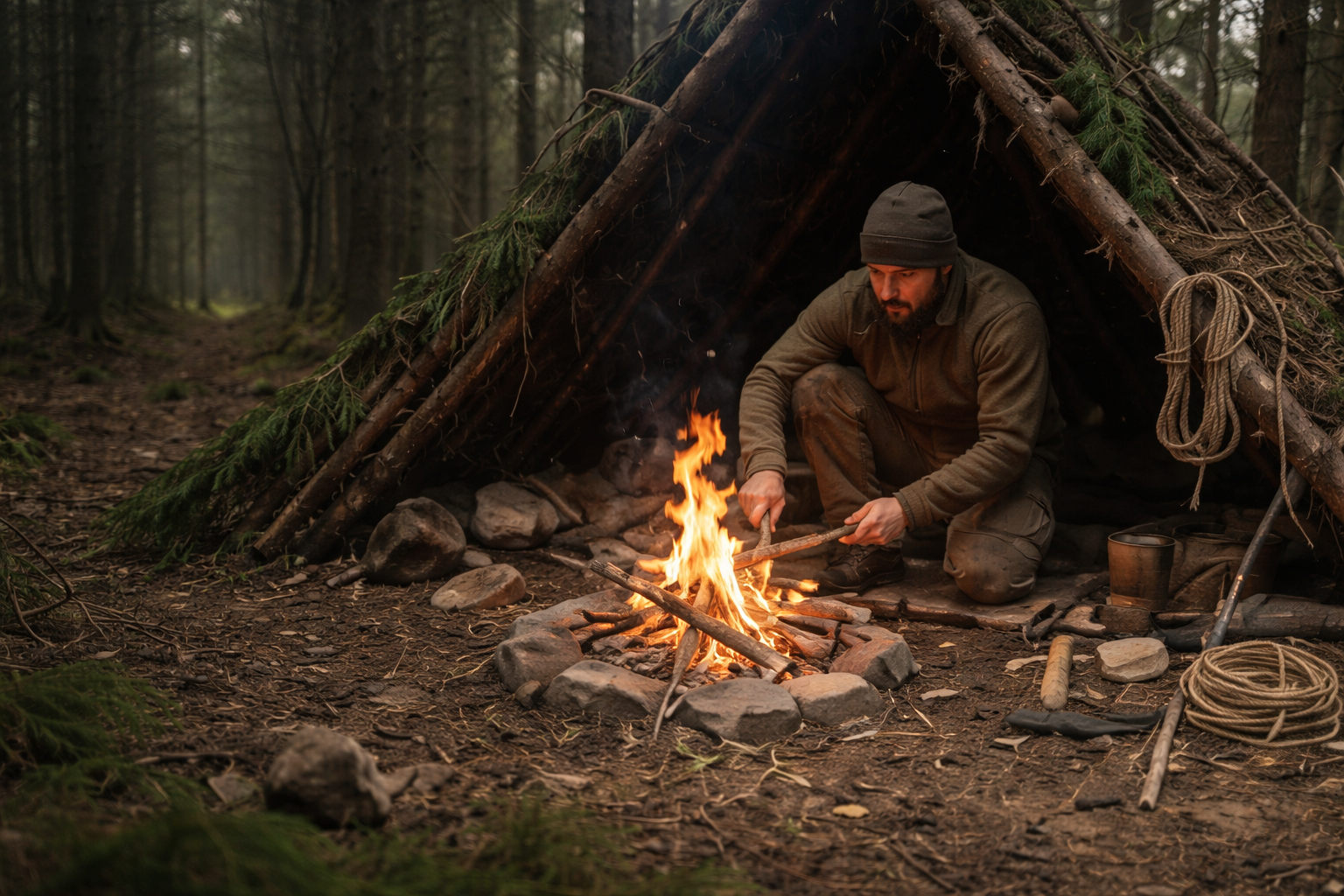 A man tending a campfire inside a makeshift shelter made of branches and logs in a forest.