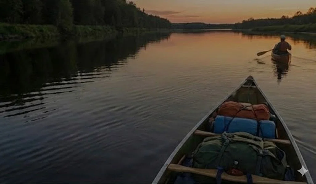 A high-resolution view from inside a loaded green canoe, with a paddler in the bow and another canoe alongside, paddling down a calm river at sunset. The hero image for the Blackwater Canoe Camping Playbook