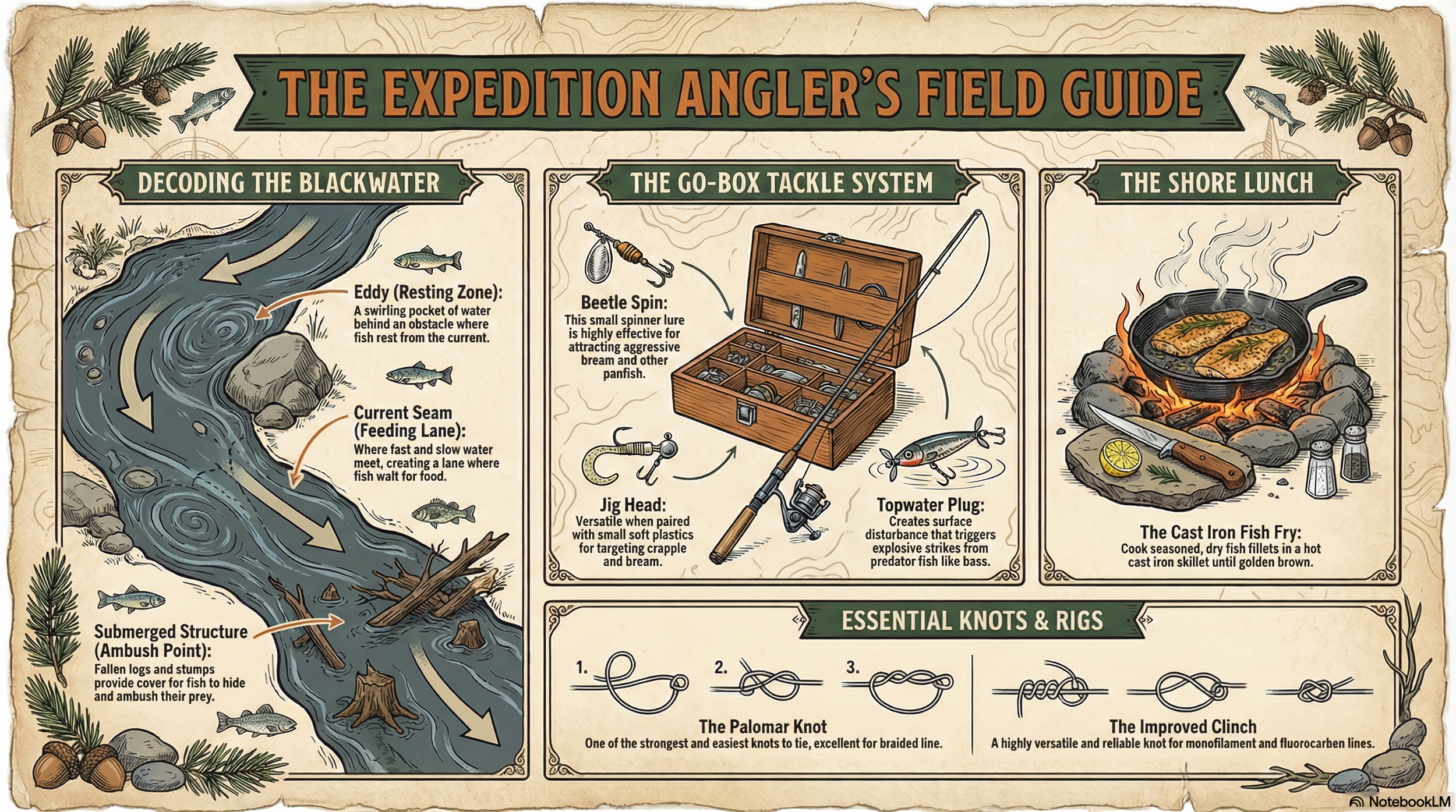 Illustration of a fishing guide titled 'The Expedition Angler's Field Guide.' It features sections on decoding blackwater streams with descriptions of eddy and current seam zones, a tackle system with a tackle box, a fishing pole, and a topwater plug, a shore lunch showing fish cooking in a skillet over fire with lemon and herbs, and essential knots and rigs including the Palomar knot and the Improved Clinch knot.