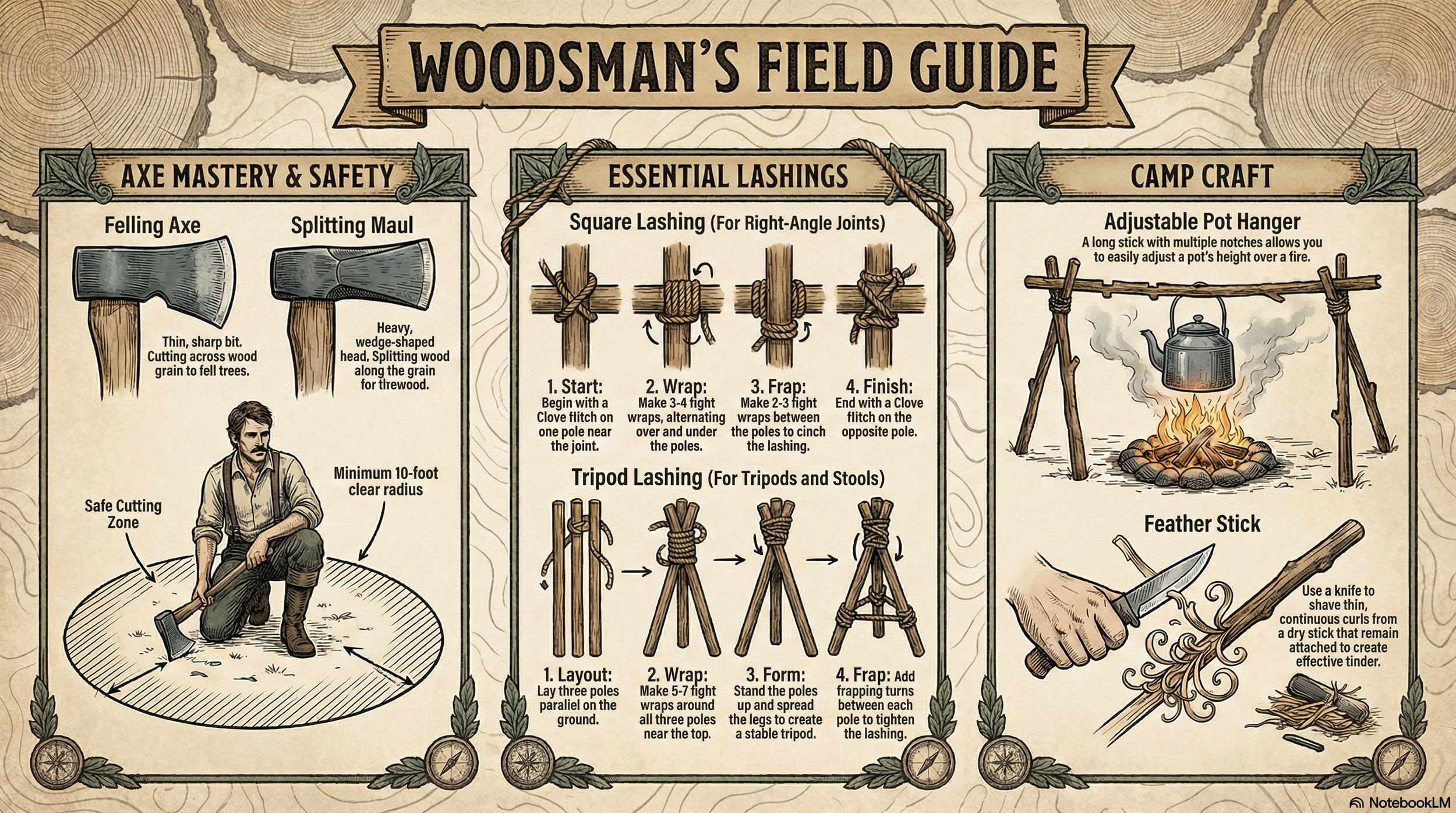 A graphical guide titled 'Woodsman's Field Guide' with sections on axe mastery and safety, essential lashings, and camp craft. The axe section illustrates a felling axe and splitting maul, with safety tips. The lashings section shows square and tripod lashings with step-by-step instructions. The camp craft section demonstrates an adjustable pot hanger and a feather stick with instructions.