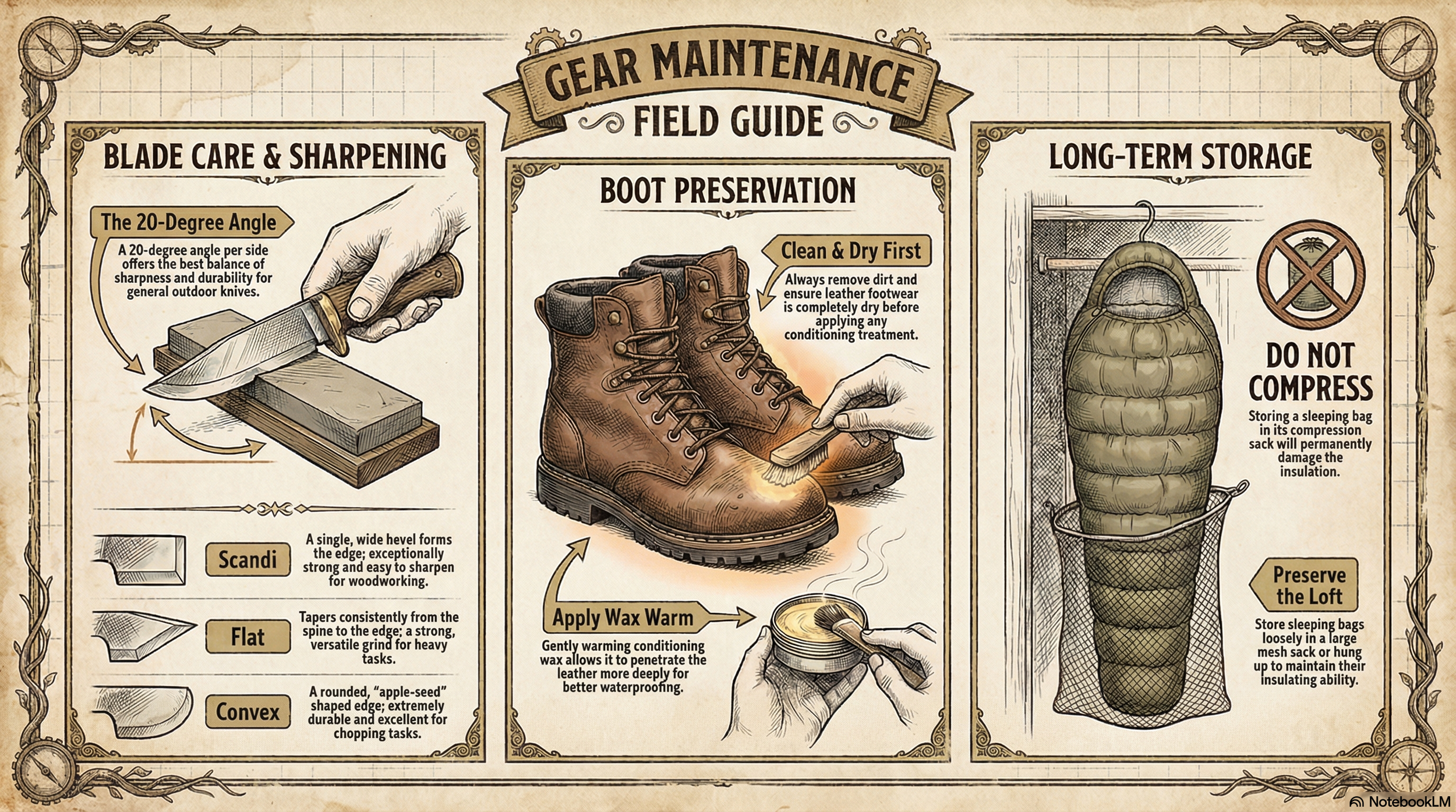 A vintage-style gear maintenance field guide poster illustrating blade care and sharpening, boot preservation, and long-term storage. The blade care section depicts a hand sharpening a knife on a whetstone, with details on the 20-degree angle and types of blades like scandi, flat, and convex. The boot preservation section shows a person applying wax to a pair of leather boots, emphasizing cleaning, drying, and applying wax for waterproofing. The long-term storage section features a sleeping bag stored in a mesh sack with a warning not to compress it, to avoid damage to insulation.
