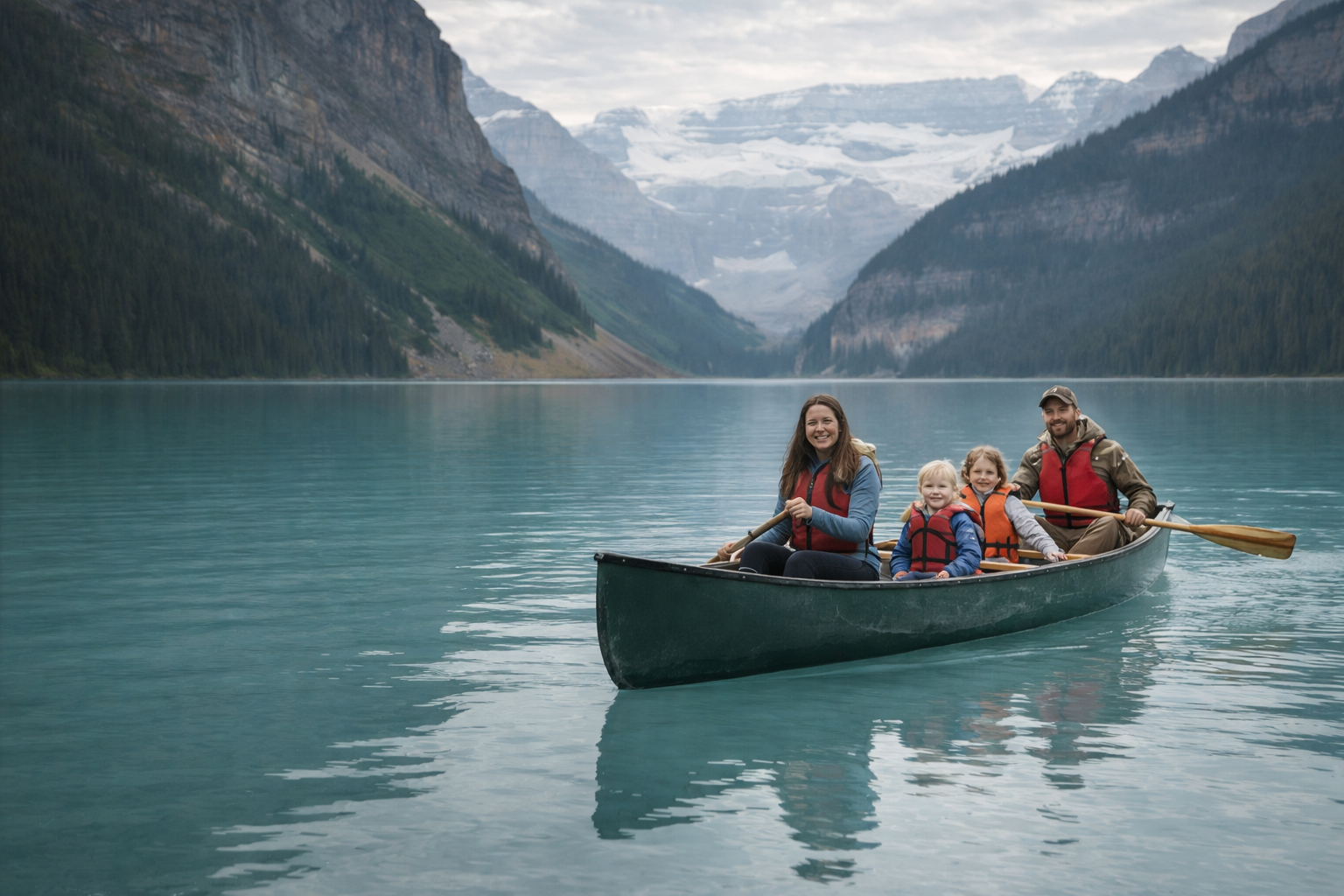 Four people in a canoe on a mountain lake surrounded by forested hills and snow-capped mountains.