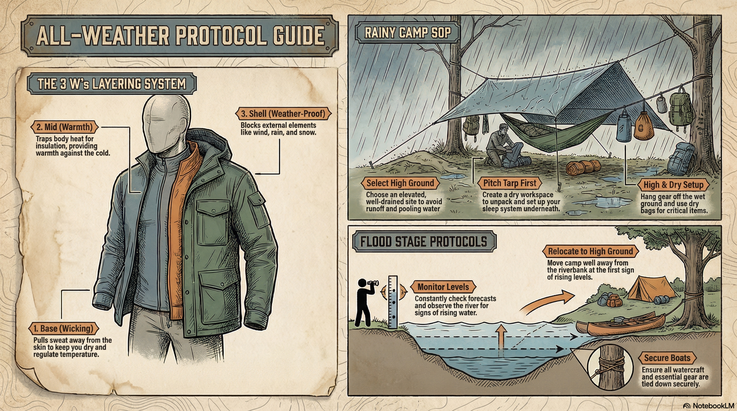 nfographic illustrating the 3 W's Layering System (Wicking, Warmth, Weather-Proof) and Flood-Stage River protocols (Monitor, Relocate, Secure).