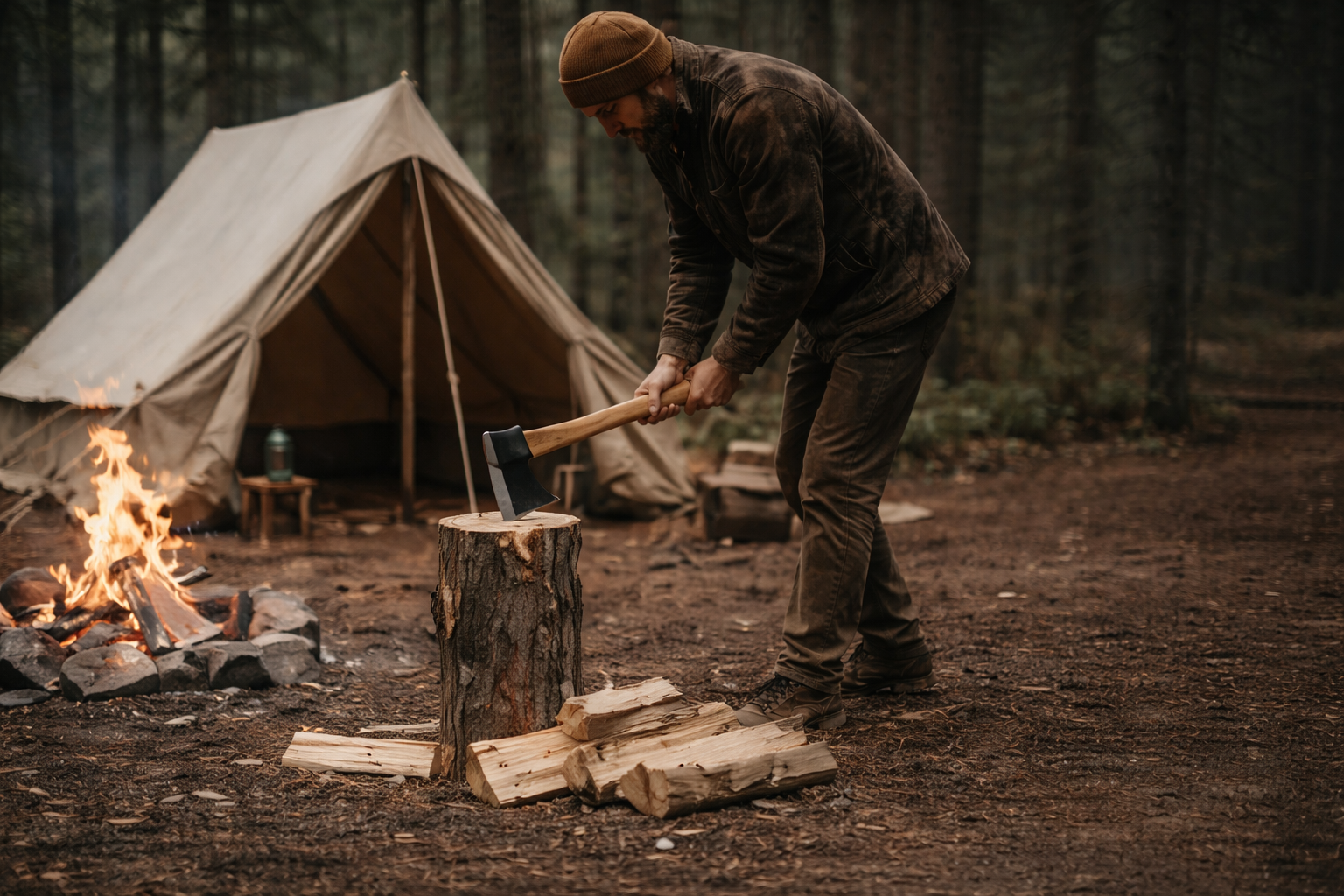A man chopping wood with an axe near a campfire and a tent in a forest.