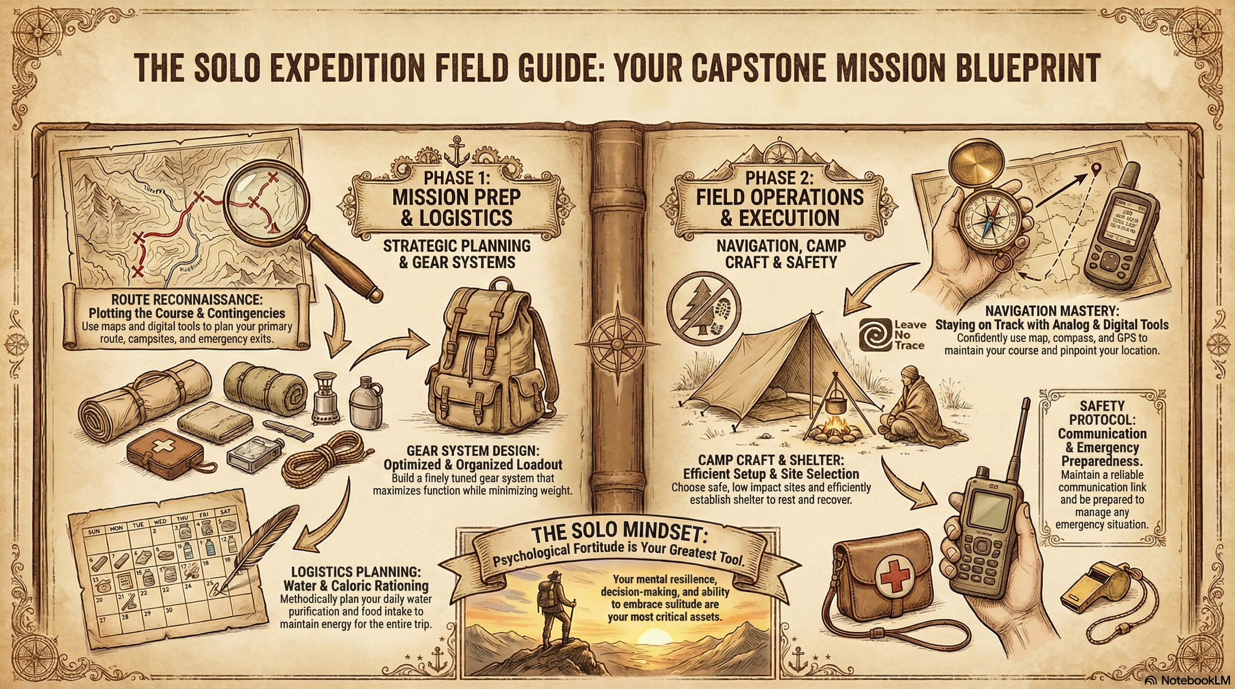An illustrated guide titled "The Solo Expedition Field Guide: Your Capstone Mission Blueprint" outlining the phases of a solo expedition. Phase 1 focuses on mission prep and logistics, with illustrations of maps, gear, and a calendar. Phase 2 covers field operations and execution, with a tent, campfire, and navigation tools. Key tips include route reconnaissance, gear system design, logistics planning, camp craft, and navigation mastery. Additional notes emphasize the solo mindset, safety protocols, communication, and emergency preparedness, with illustrations of navigation tools, medical kit, and GPS device.