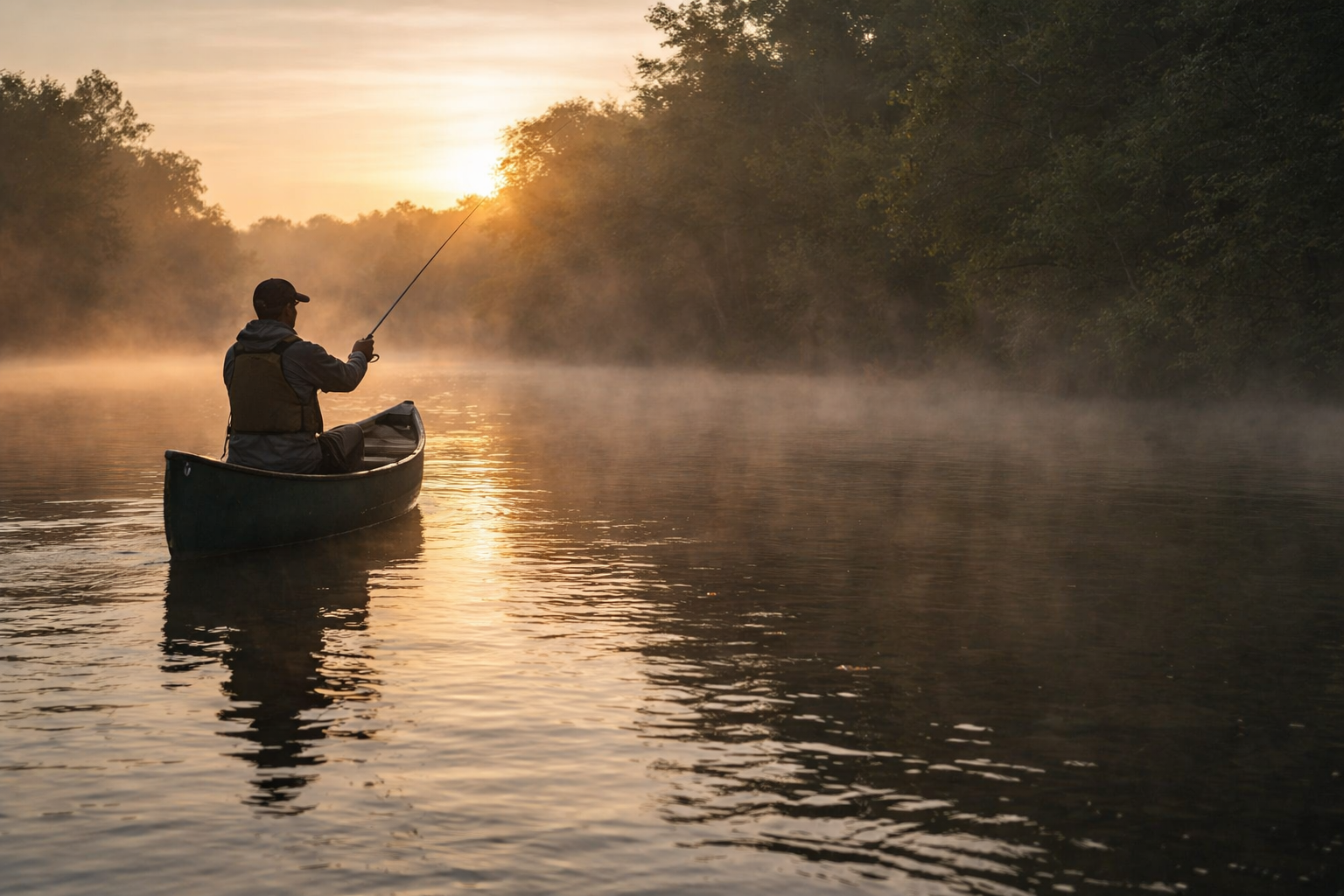 A person fishing from a canoe on a misty river during sunrise.