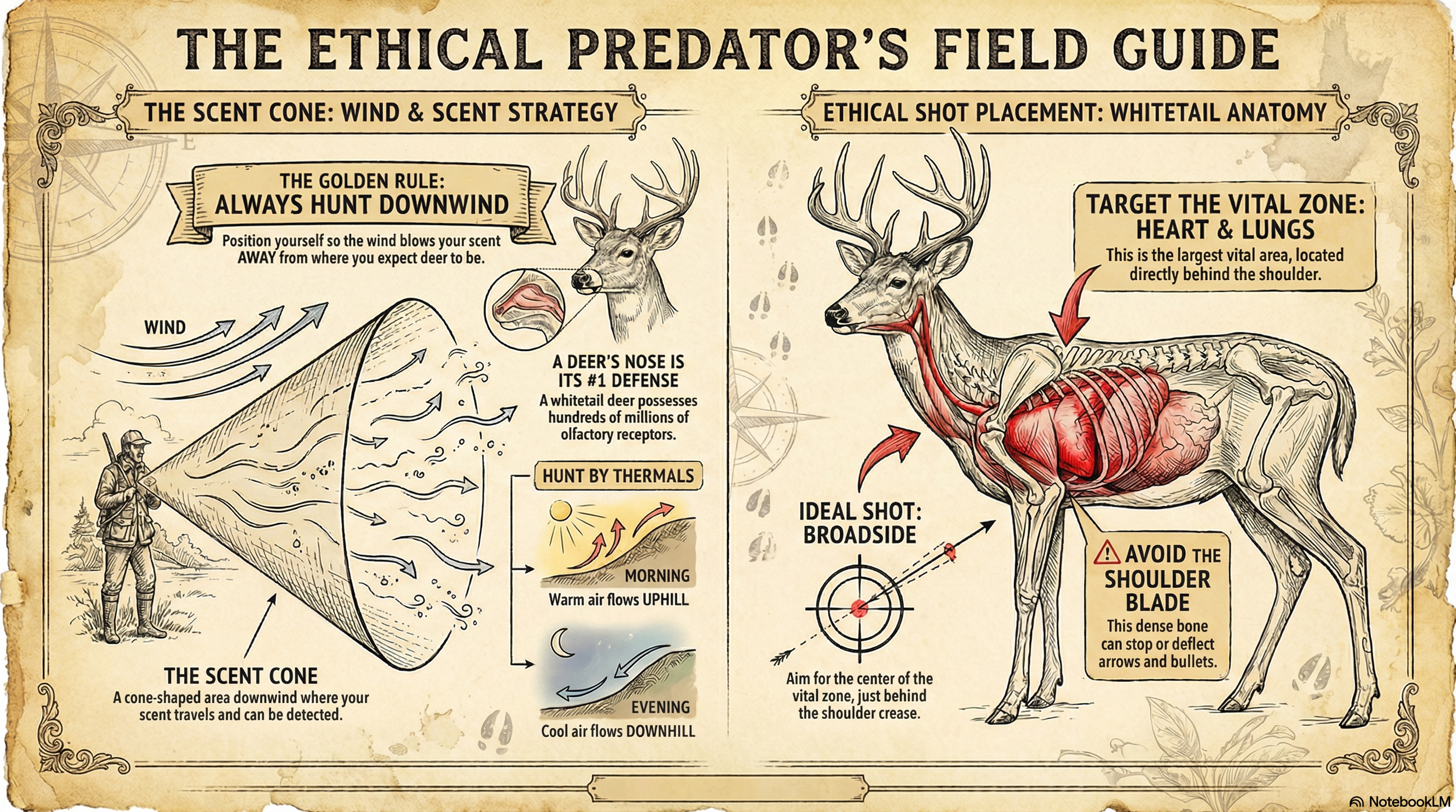 Illustration titled 'The Ethical Predator's Field Guide' showing a whitetail deer with guidance on scent cone wind strategy, shot placement, and anatomy, highlighting vital zones and tips for hunting ethically.