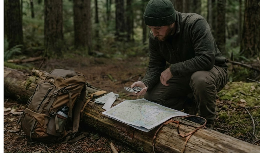 A man in outdoor clothing and a beanie crouches on the forest floor, examining a map spread on a fallen log, with a backpack nearby in a dense forest.