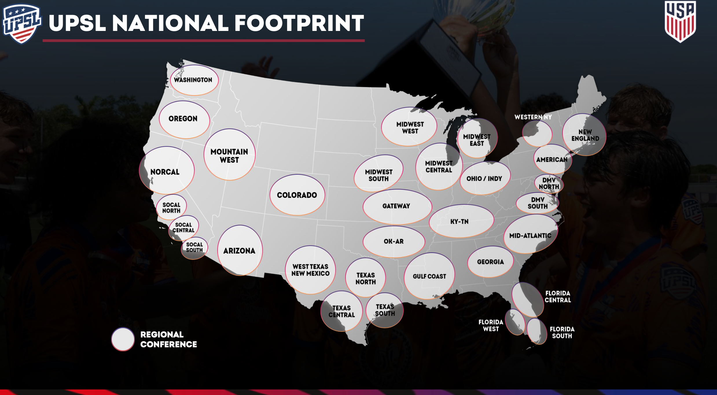 A map of the United States displaying the different regions and conferences of the UPSL National Footprint, with labels for each region.